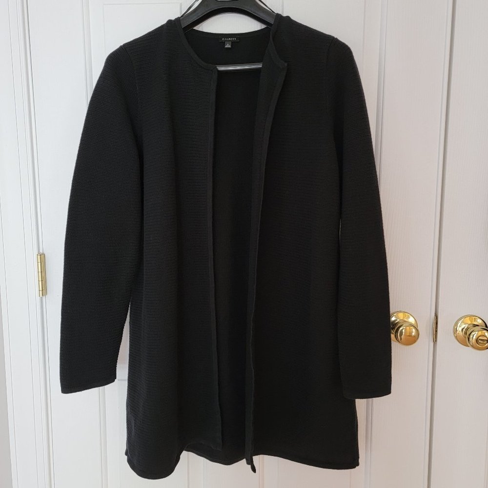 EUC Talbots Textured Open Front Sweater Jacket, Black, size L